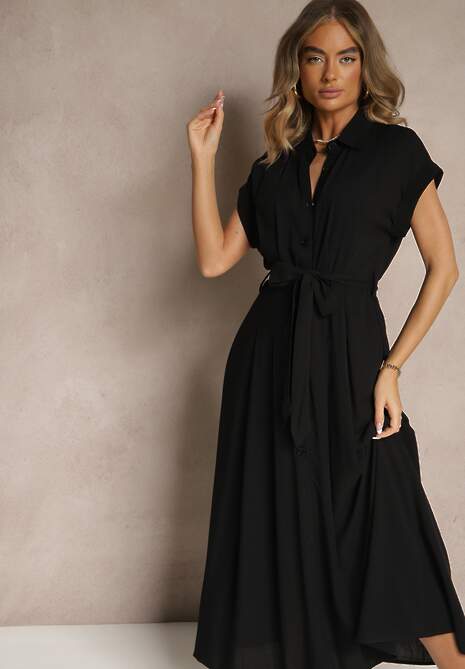 Czarna Koszulowa Sukienka z Wiskozy z Paskiem Rinaira