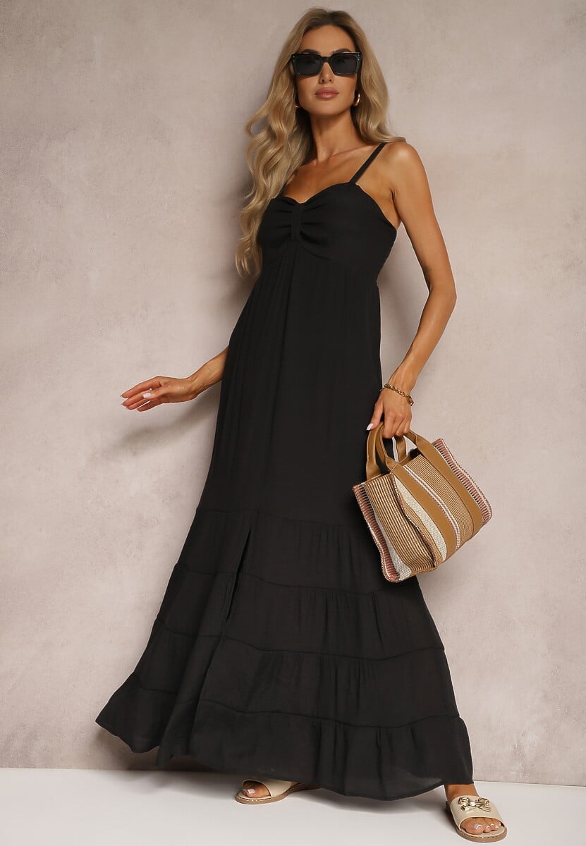 Czarna Sukienka z Dodatkiem Bawełny na Ramiączkach z Regulacją oraz Gumką z Tyłu Tinanoras