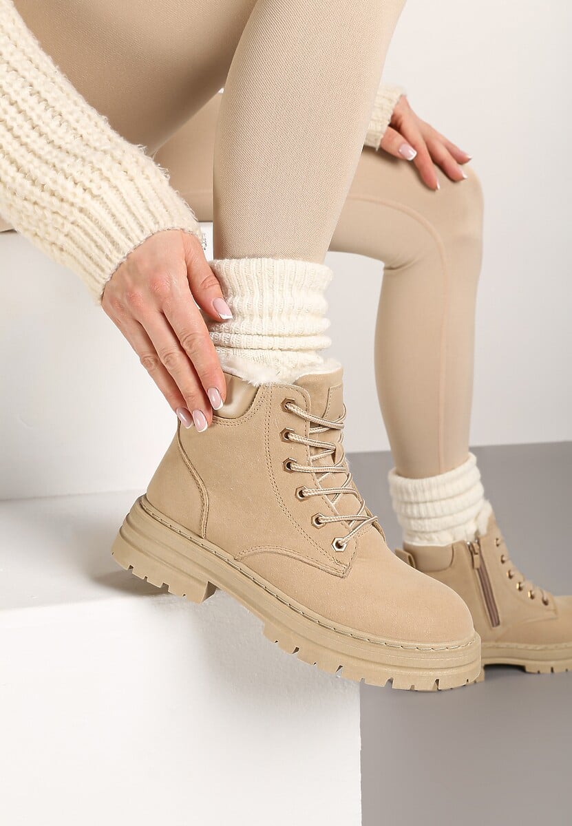 Ciemnobeżowe Traperki Mocno Ocieplone Sztucznym Futerkiem Janeka