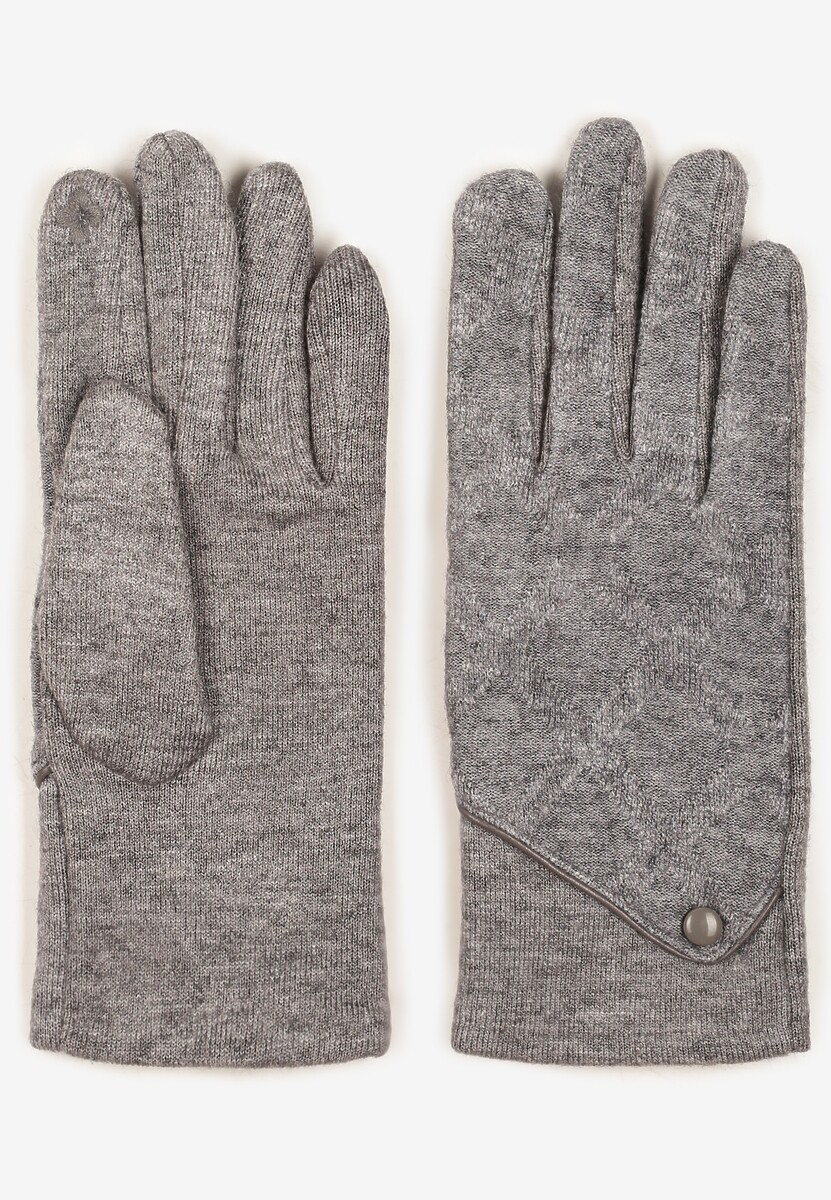 Szare Dzianinowe Rękawiczki Eleganckie z Ozdobnym Guzikiem Senindra