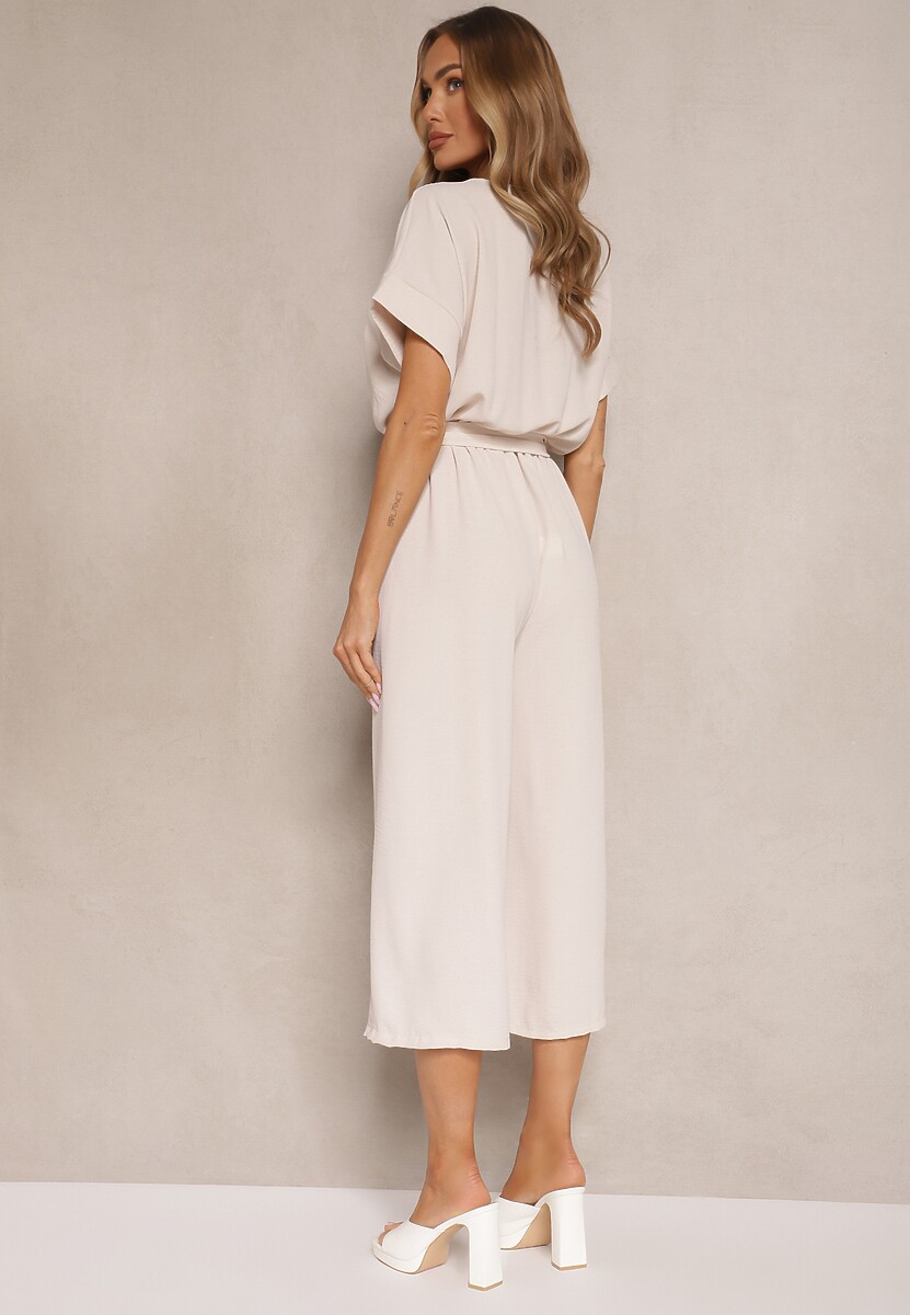 Beżowy Kopertowy Kombinezon o Prostym Kroju z Wiązanym Paskiem Tevenea