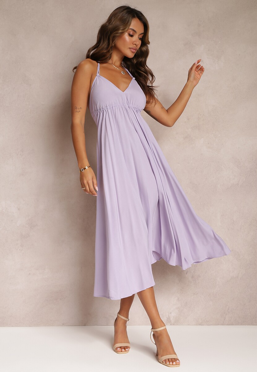 Fioletowa Sukienka Midi z Wiskozy i Wiązaniem na Szyi Alleve