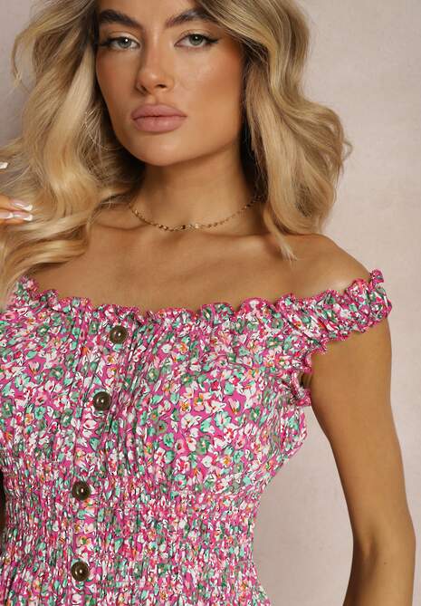 Różowa Taliowana Sukienka Bawełniana o Rozkloszowanym Kroju z Gumką w Pasie Nelyssa