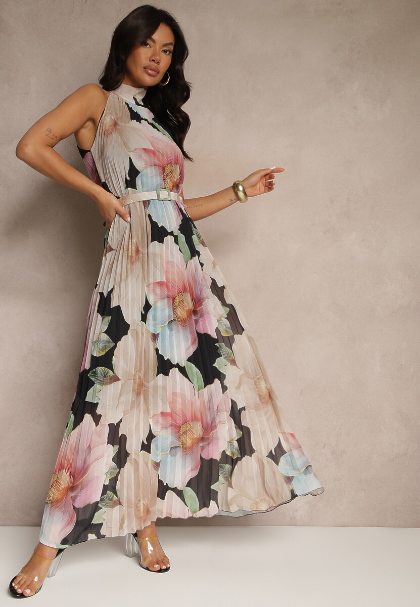 Różowa Plisowana Sukienka z Wiązaniem i Paskiem z Klamrą Nitolia