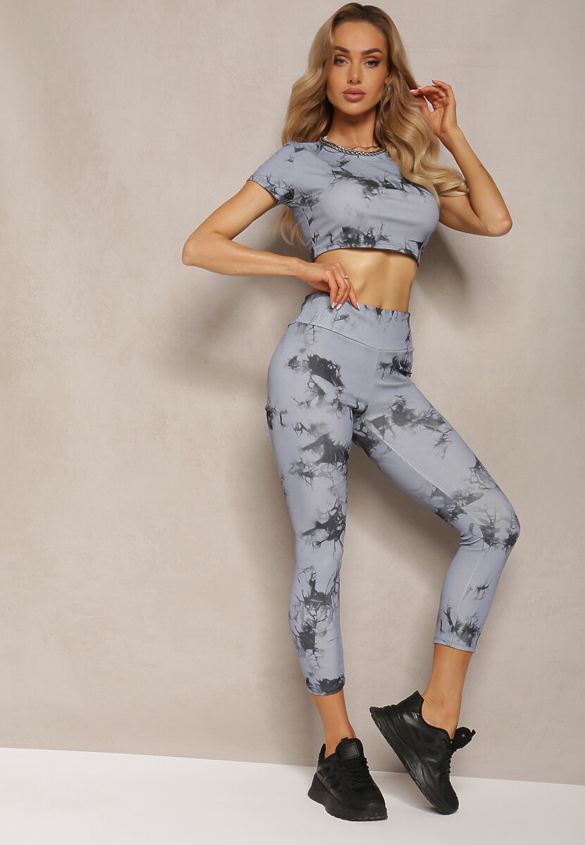 Szary Komplet Sportowy z Printem Tie-Dye z Koszulą Cropped i Legginsami Davenia