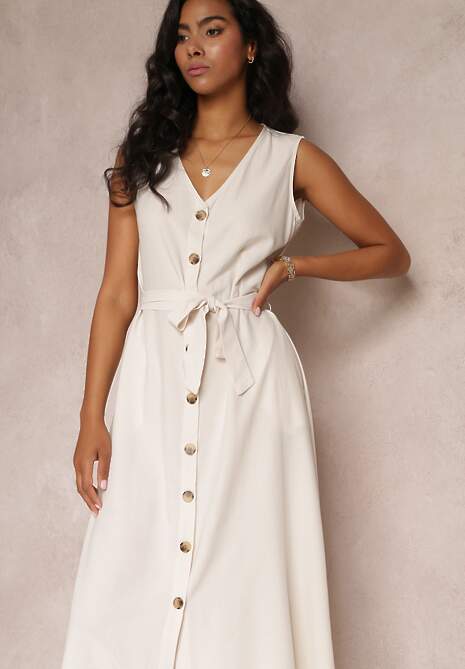 Beżowa Trapezowa Sukienka Midi bez Rękawów z Wiązanym Paskiem Ajana