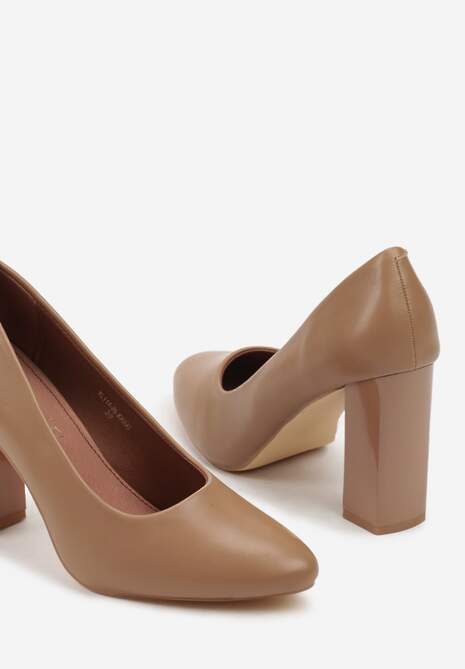 Ciemnobeżowe Czółenka Vices na Słupku Klocku ze Skórzaną Wkładką  Esmela