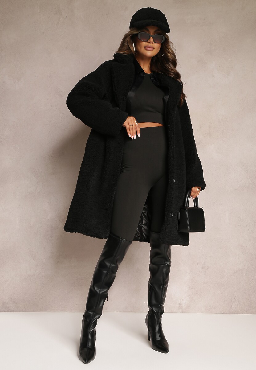 Czarny Płaszcz Oversize z Pluszowego Futerka z Czapką Jillo