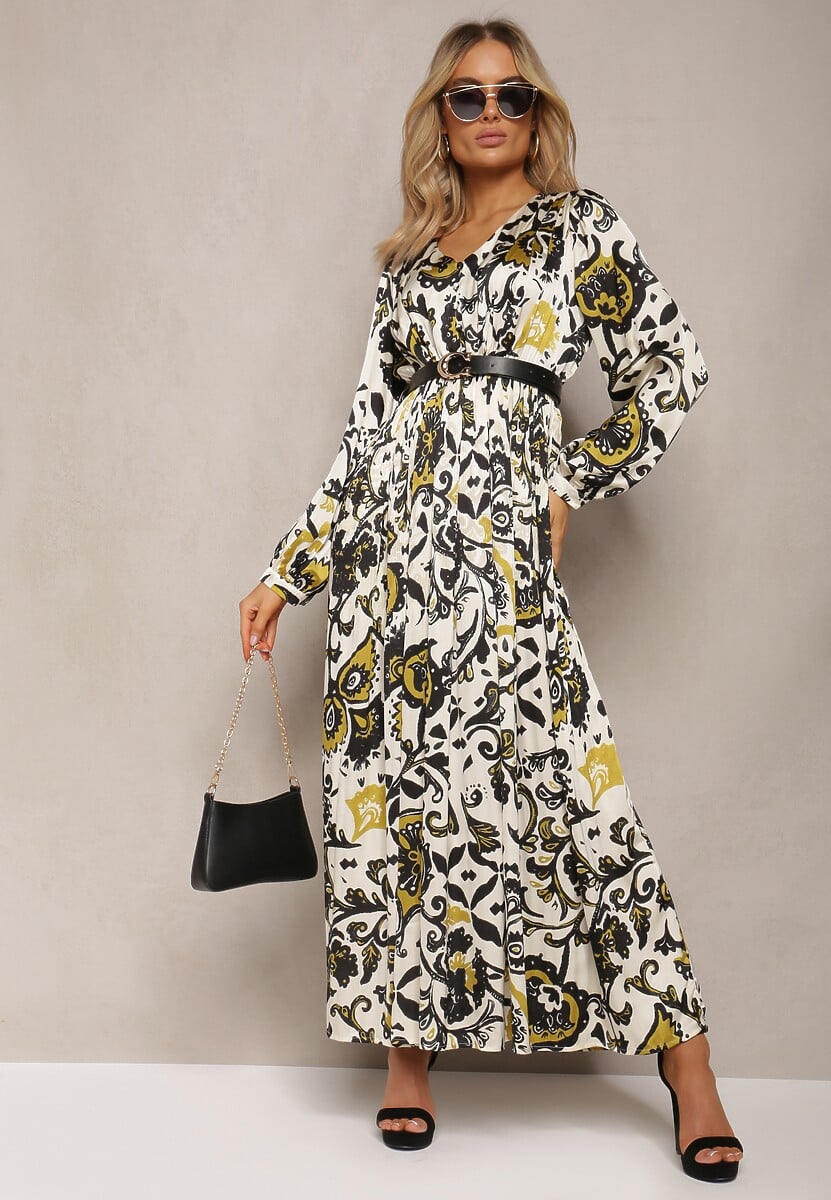 Beżowo-Zielona Długa Sukienka z Satyny z Gumką w Pasie i Ornamentalnym Printem Anoitia