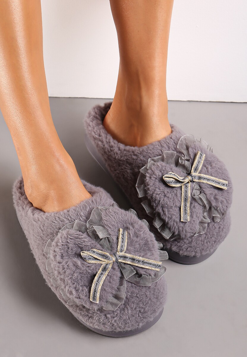 Szare Kapcie z Futerka Ozdobione Kokardką Nuvimes