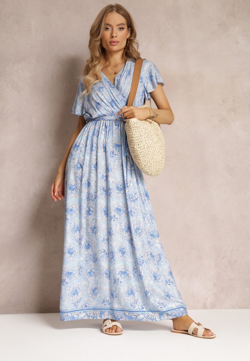 Niebieska Wiskozowa Sukienka z Metalicznym Wzorem i Gumką w Pasie Carinalia