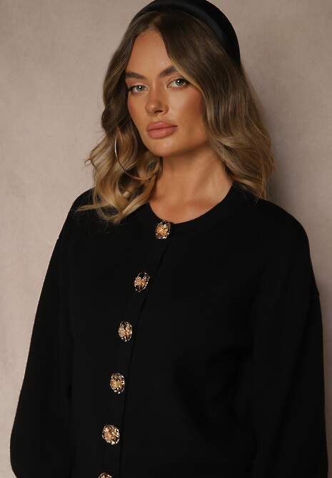 Czarny Kardigan z Wiskozą Zdobiony Eleganckimi Napami i Bufiastymi Rękawami Acannte