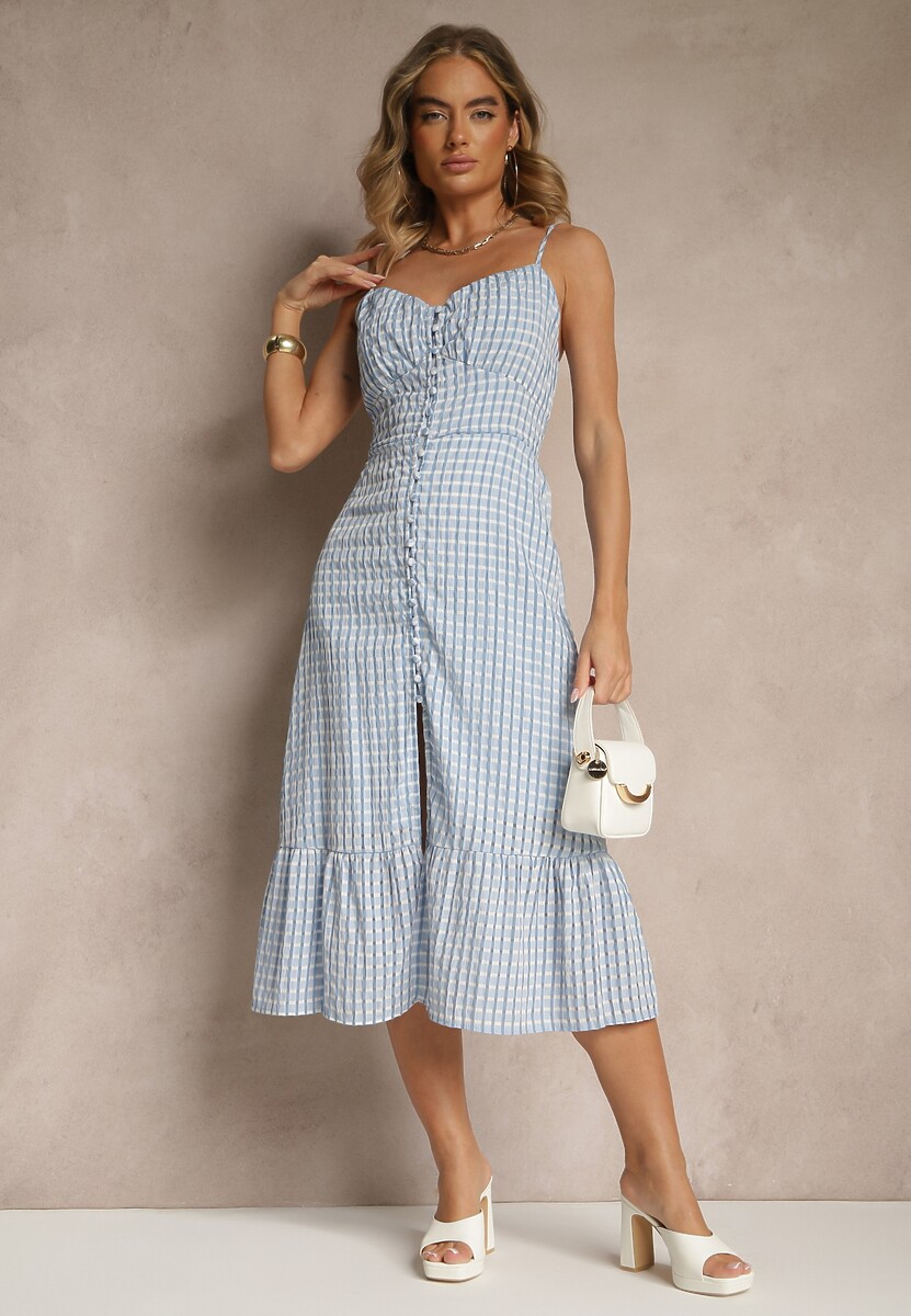 Niebieska Rozkloszowana Sukienka z Wiskozą na Cienkich Ramiączkach z Guzikami Efrisela