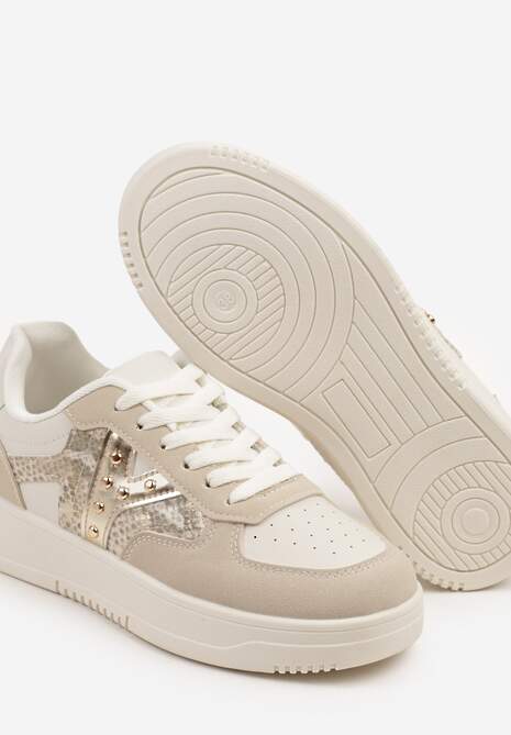 Beżowe Sneakersy Zdobione Metaliczną Aplikacją i Imitacją Skóry Węża Sarivane