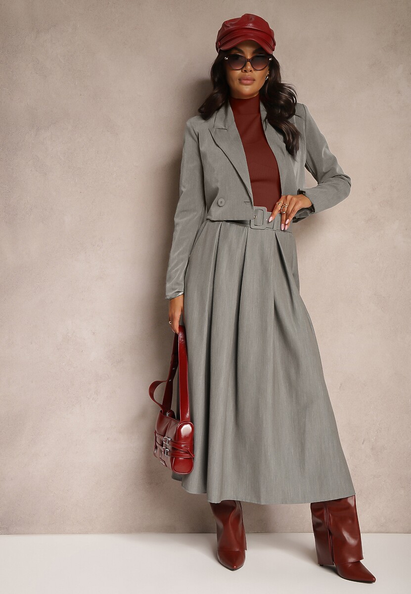 Czarna Spódnica z Wiskozą o Rozkloszowanym Kroju z Paskiem i Gumką w Talii Prianna