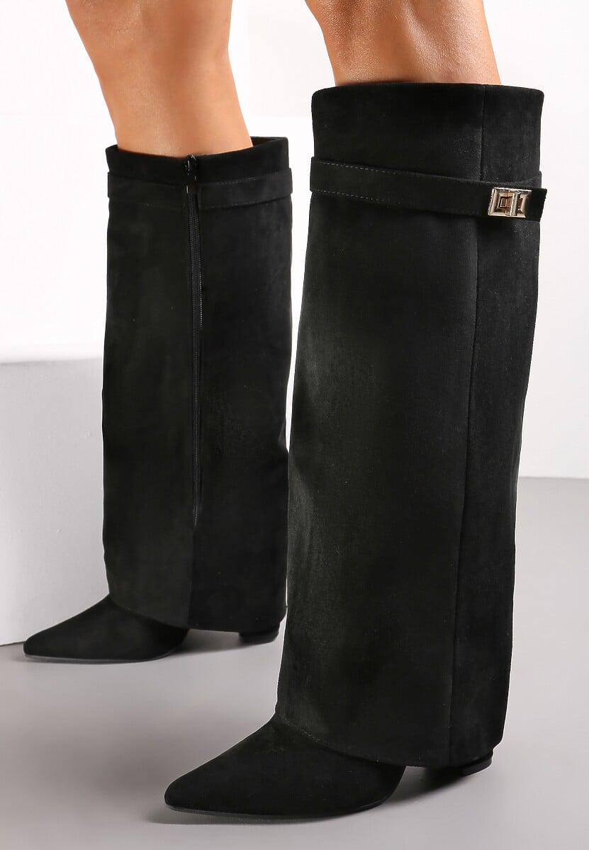 Czarne Kozaki na Słupku z Wywiniętą Cholewką i Klamerką Upaxa