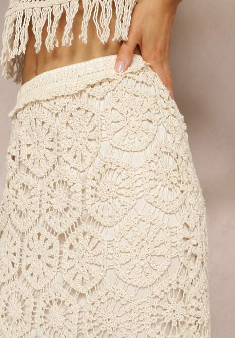 Beżowa Ażurowa Spódnica Ołówkowa z Gumką w Talii Iristi