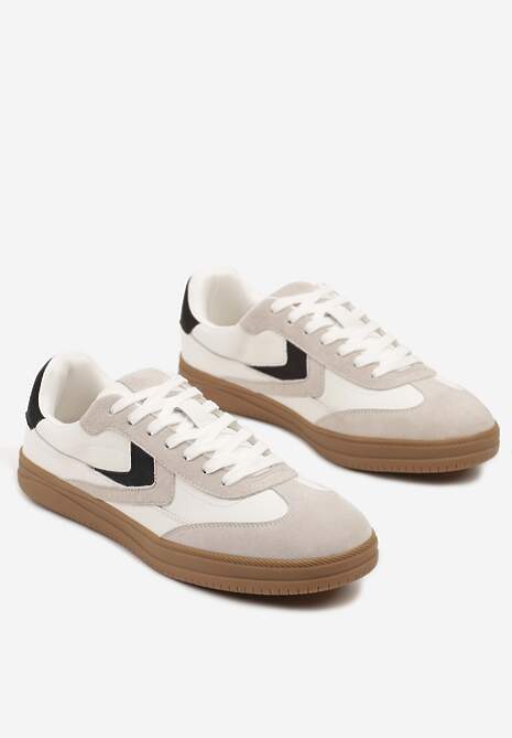 Beżowe Sneakersy Skórzane w Stylu Tenisówek z Geometrycznym Motywem Erisane