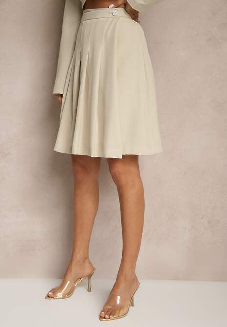 Beżowa Plisowana Spódnica Rozkloszowana o Kopertowym Fasonie Divonna