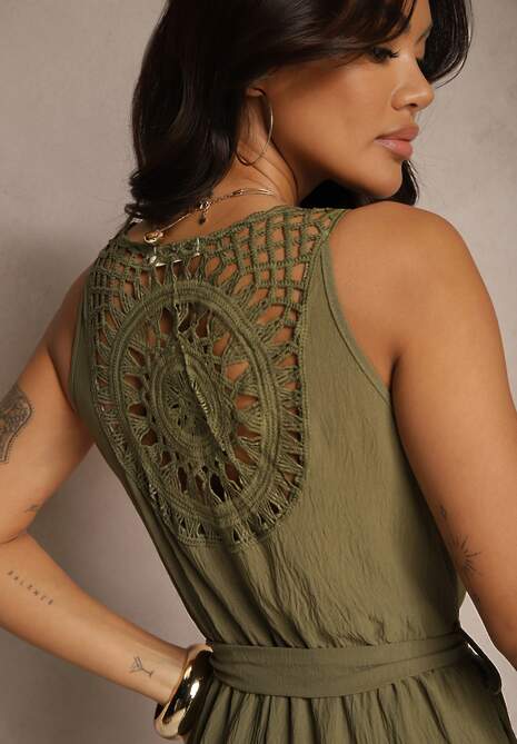 Zielony Szeroki Kombinezon o Kopertowym Kroju z Ażurowym Zdobieniem Olisena