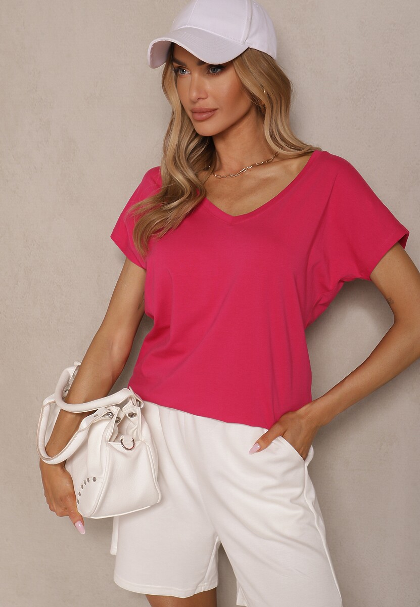 Bordowy T-shirt z Bawełny z Dekoltem w Serek Linithiela