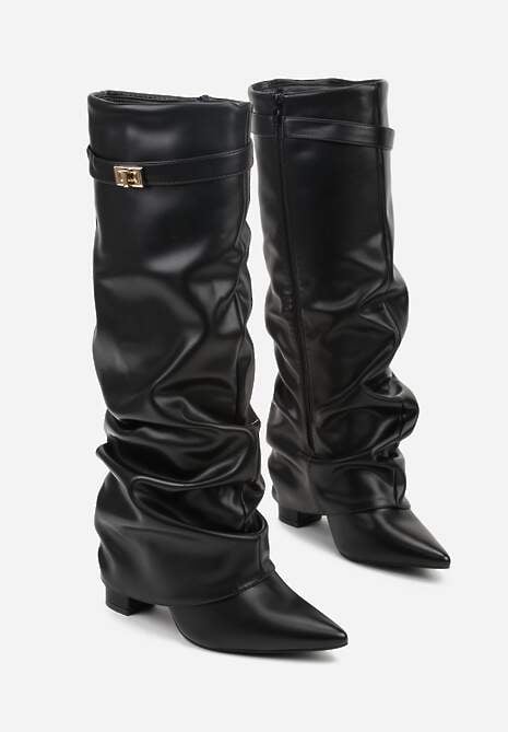 Czarne Eleganckie Kozaki na Słupku z Marszczoną Cholewką Imitującą Nogawkę Favea