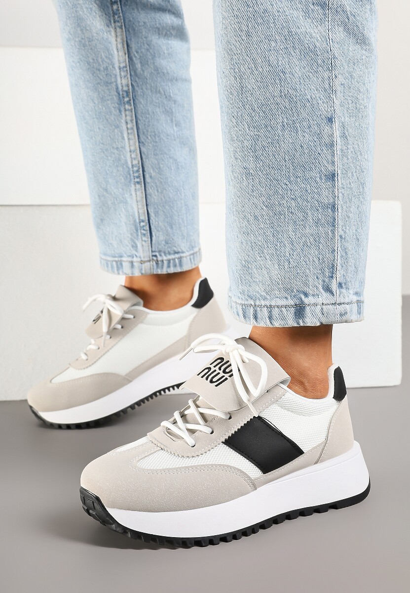 Beżowo-Czarne Sneakersy na Platformie z Geometrycznym Wzorem Aluina