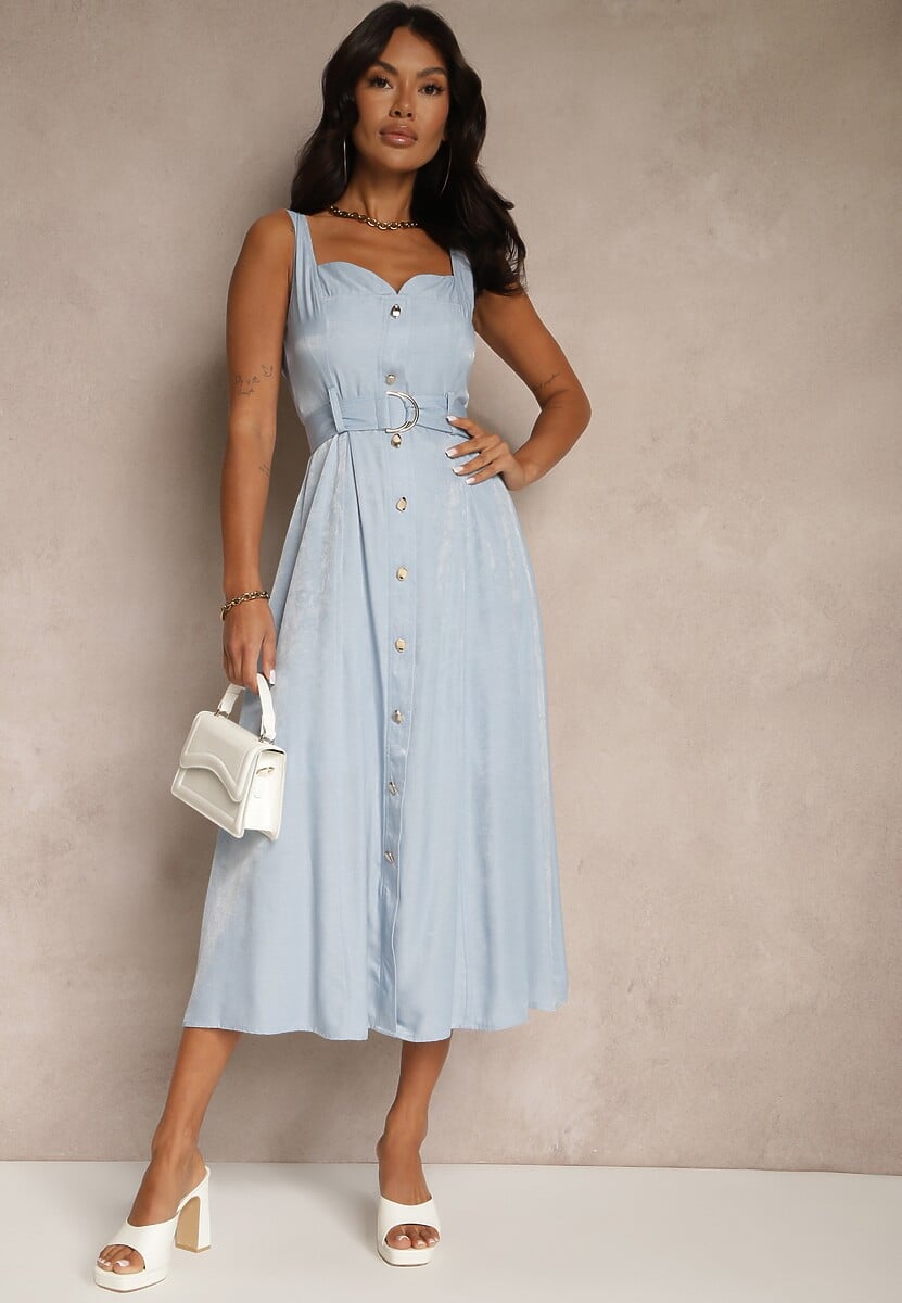 Niebieska Rozkloszowana Sukienka z Paskiem na Ramiączkach Nevio