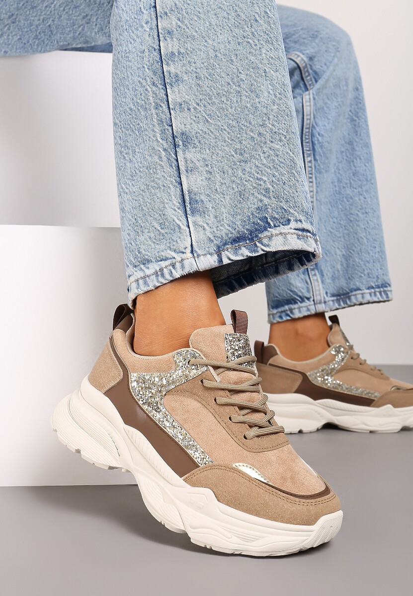 Ciemnobeżowe Sneakersy na Platformie z Tłoczeniem Ozdobione Cekinami Narisae