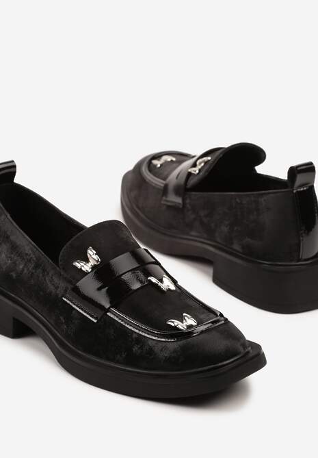 Czarne Mokasyny ze Srebrnymi Motylami i Skórzaną Wkładką Tunira