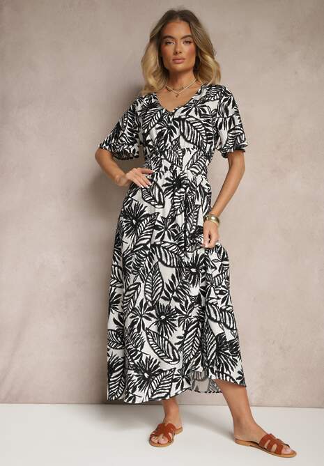 Czarna Sukienka z Gumką w Pasie Ozdobiona Roślinnym Wzorem Charina