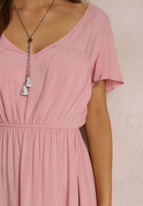 Różowa Sukienka z Wiskozy o Rozkloszowanym Kroju z Falbanami Jonmy
