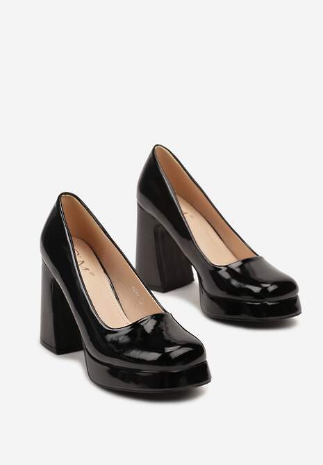 Czarne Czółenka na Obcasie z Kwadratowym Noskiem i Lakierowanym Połyskiem Viaella