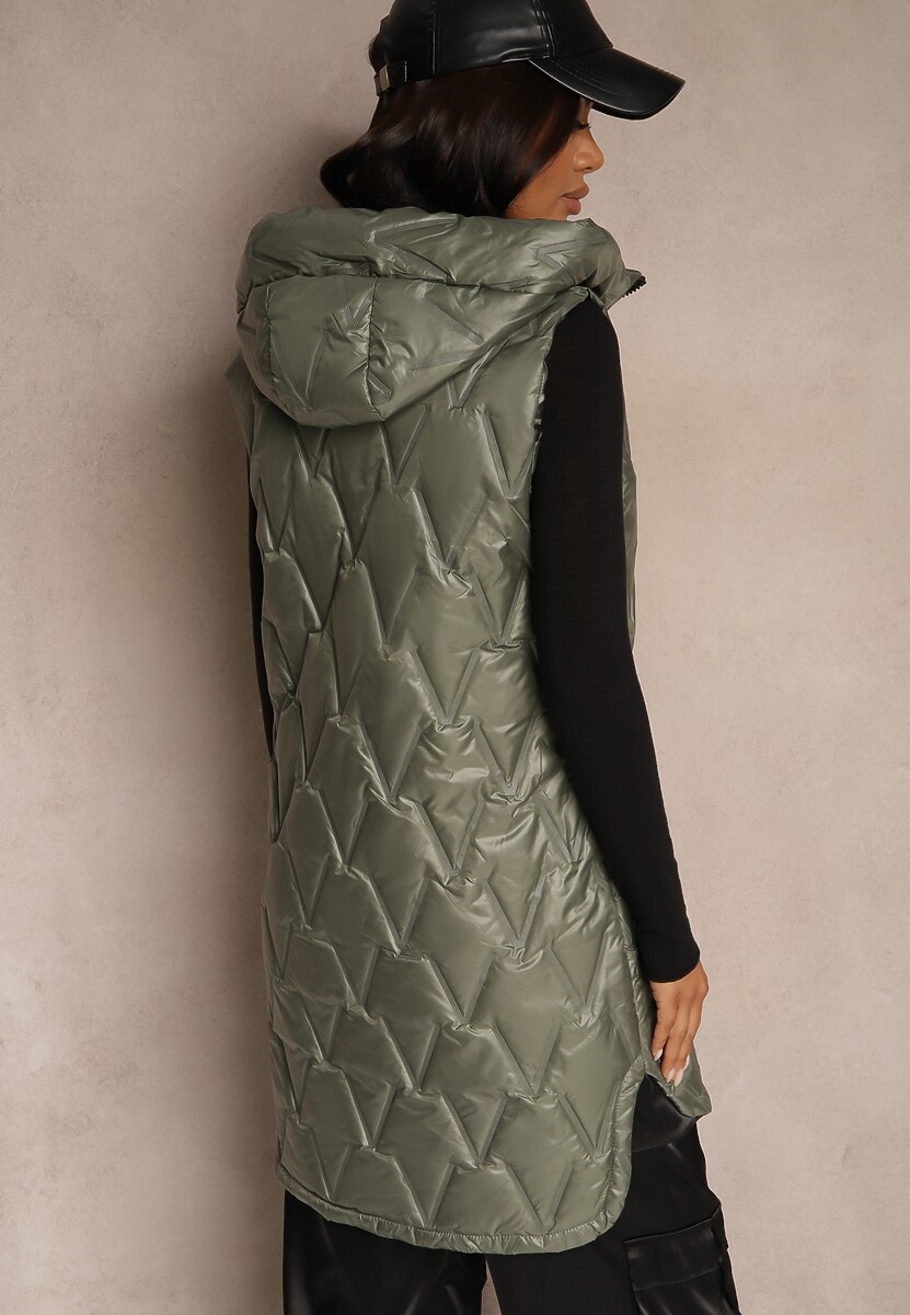 Zielona Kamizelka Dwustronna z Pikowanymi Przeszyciami i Kapturem Erisabe