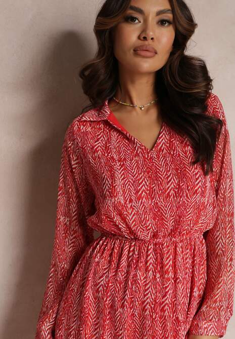 Czerwona Rozkloszowana Sukienka z Metaliczną Nitką i Sznurkiem Vivlit