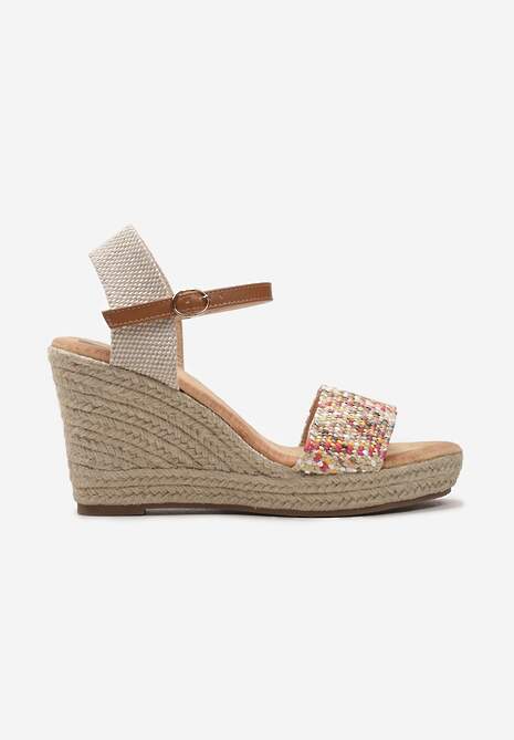Beżowo-Różowe Sandały na Koturnie z Plecionki ze Sprzączką przy Kostce Storea
