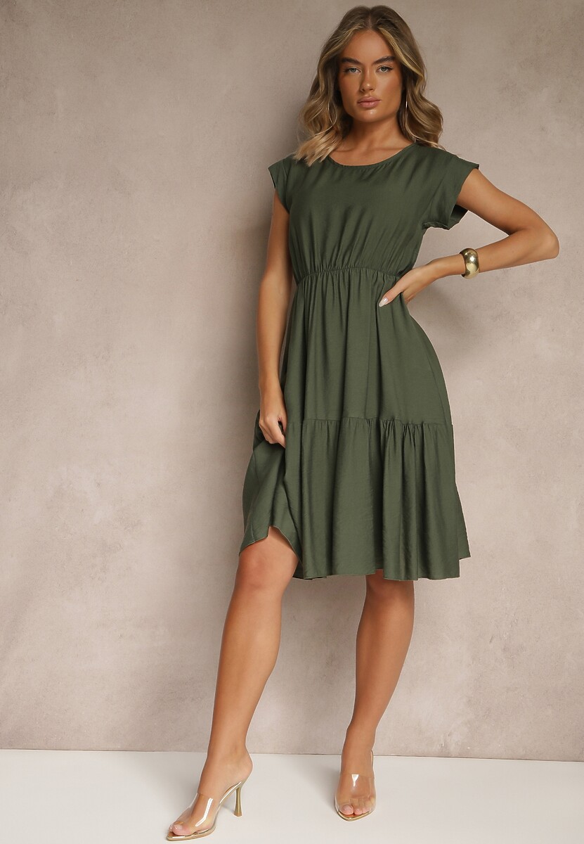 Jasnobrązowa Rozkloszowana Sukienka z Wiskozy Linurea