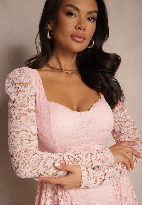 Różowa Taliowana Sukienka z Koronki z Rozkloszowanym Dołem Teladriela