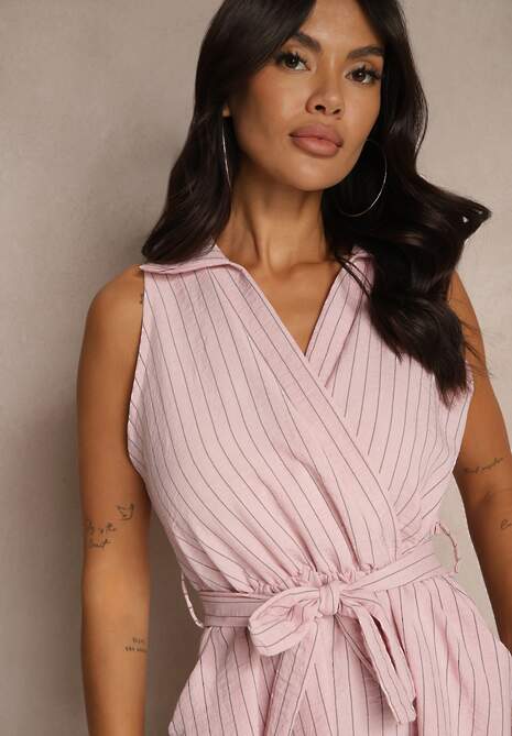 Różowa Koszulowa Sukienka Bez Rękawów z Wiązanym Paskiem Lideene