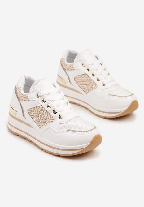 Białe Sneakersy na Koturnie z Geometrycznym Wzorem i Brokatem Tillineira