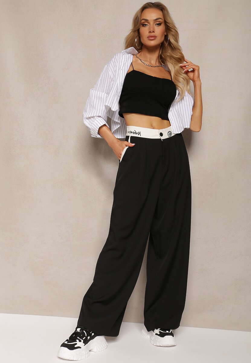 Czarne Spodnie Palazzo High Waist z Szerokimi Nogawkami z Zapięciem na Guziki i Zamek Lomedia