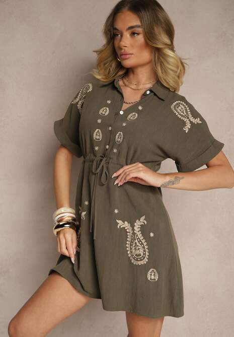 Ciemnozielona Koszulowa Sukienka z Bawełny Ozdobiona Sznurkiem i Haftami Ronara