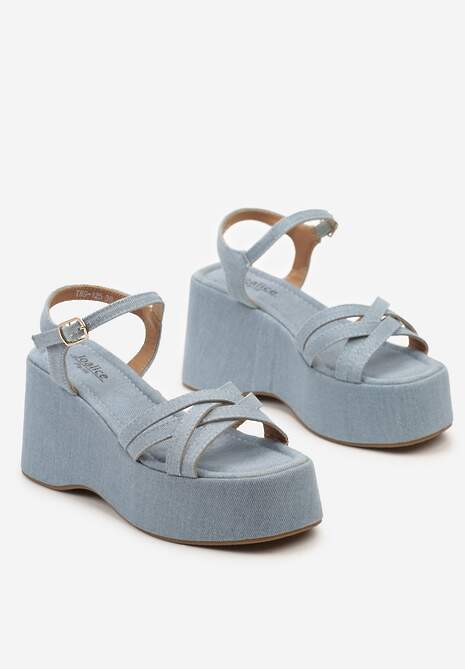Jasnoniebieskie Sandały Jeansowe na Grubej Podeszwie z Koturnem Hareria
