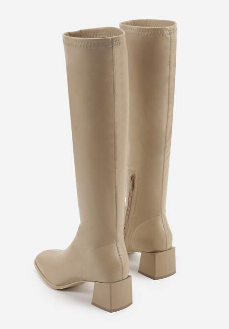 Ciemnobeżowe Kozaki na Geometrycznym Słupku z Kwadratowym Noskiem Brikalona