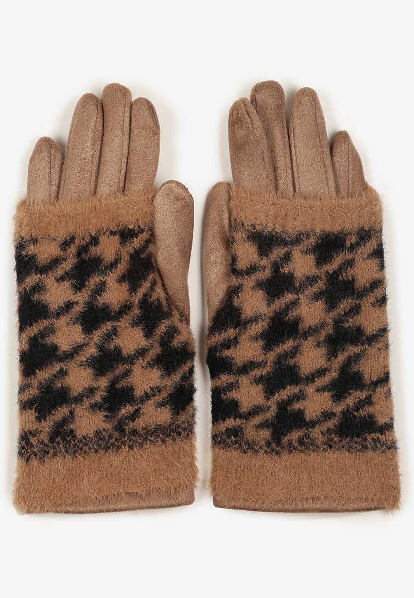 Czerwone Rękawiczki Welurowe z Ozdobną Dzianinową Nakładką Seliti