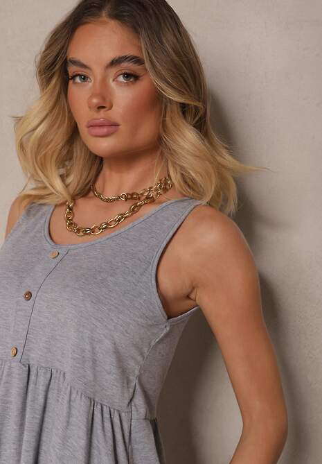 Jasnoszara Rozkloszowana Sukienka na Szerokich Ramiączkach Zdobiona Guzikami Jenandria