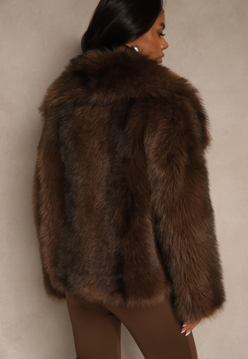 Brązowa Kurtka Futerko o Kroju Oversize z Ozdobnym Kołnierzem Monella