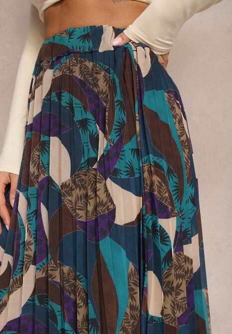 Fioletowo-Niebieska Długa Spódnica Plisowana w Abstrakcyjny Malarski Wzór Ariamitta