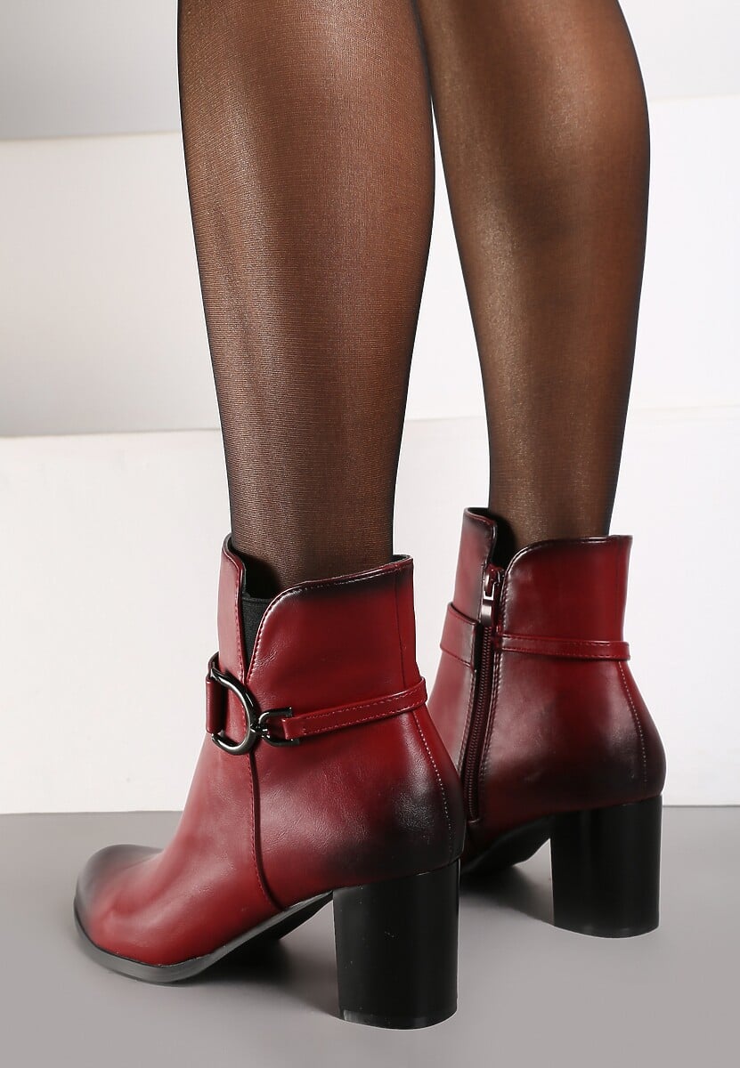 Bordowe Botki na Obcasie Typu Słupek z Klamrą Eriscelia