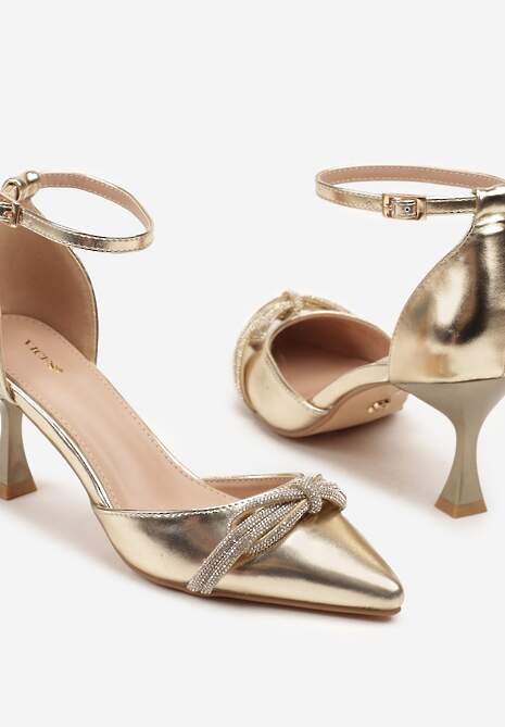 Złote Czółenka na Szpilce Vices z Cyrkoniową Kokardą Atennia